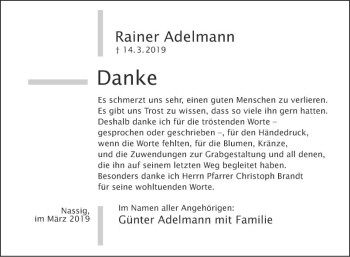 Traueranzeige von Rainer Adelmann von Fränkische Nachrichten