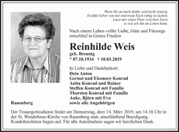 Traueranzeige von Reinhilde Weis von Fränkische Nachrichten