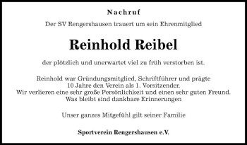 Traueranzeige von Reinhold Reibel von Fränkische Nachrichten