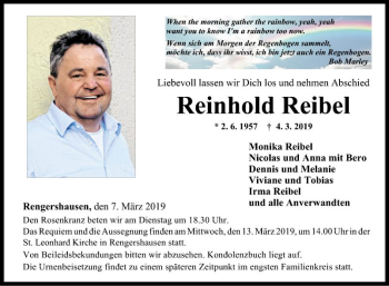 Traueranzeige von Reinhold Reibel von Fränkische Nachrichten