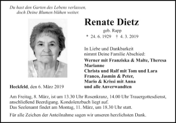 Traueranzeige von Renate Dietz von Fränkische Nachrichten