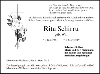 Traueranzeige von Rita Schirru von Mannheimer Morgen