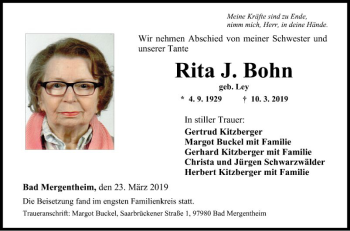 Traueranzeige von Rita J. Bohn von Fränkische Nachrichten