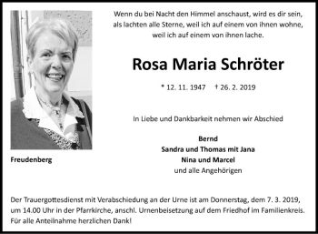 Traueranzeige von Rosa Maria Schröter von Fränkische Nachrichten