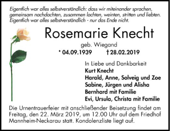 Traueranzeige von Rosemarie Knecht von Mannheimer Morgen