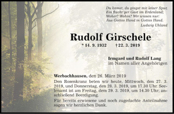 Traueranzeige von Rudolf Girschele von Fränkische Nachrichten