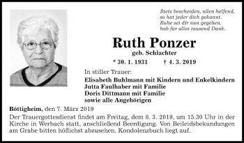 Traueranzeige von Ruth Ponzer von Fränkische Nachrichten