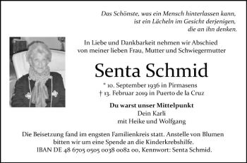 Traueranzeige von Senta Schmid von Mannheimer Morgen