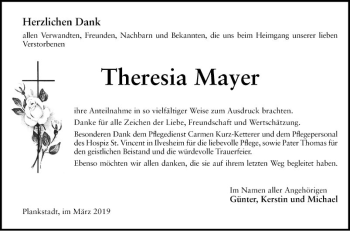 Traueranzeige von Theresia Mayer von Schwetzinger Zeitung