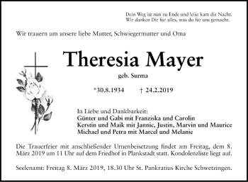 Traueranzeige von Theresia Mayer von Schwetzinger Zeitung