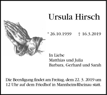 Traueranzeige von Ursula Hirsch von Mannheimer Morgen