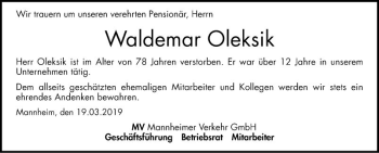 Traueranzeige von Waldemar Oleksik von Mannheimer Morgen