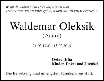 Traueranzeige von Waldemar Oleksik von Mannheimer Morgen