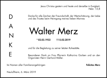 Traueranzeige von Walter Merz von Schwetzinger Zeitung