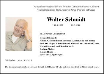 Traueranzeige von Walter Schmidt von Mannheimer Morgen