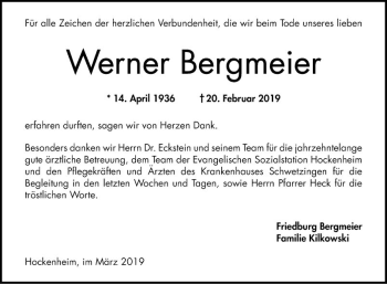 Traueranzeige von Werner Bergmeier von Schwetzinger Zeitung