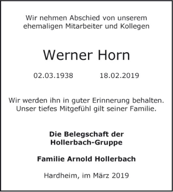 Traueranzeige von Werner Horn von Fränkische Nachrichten