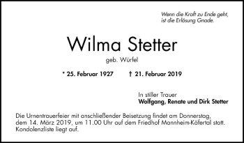 Traueranzeige von Wilma Stetter von Mannheimer Morgen