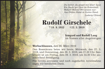 Traueranzeige von Rudolf Girschele 