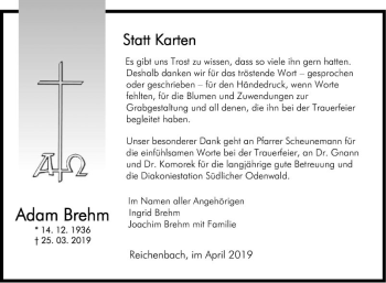 Traueranzeige von Adam Brehm von Bergsträßer Anzeiger