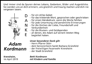 Traueranzeige von Adam Kordmann von Fränkische Nachrichten