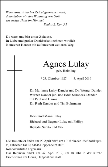 Traueranzeige von Agnes Lulay von Bergsträßer Anzeiger