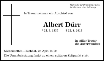 Traueranzeige von Albert Dürr von Fränkische Nachrichten