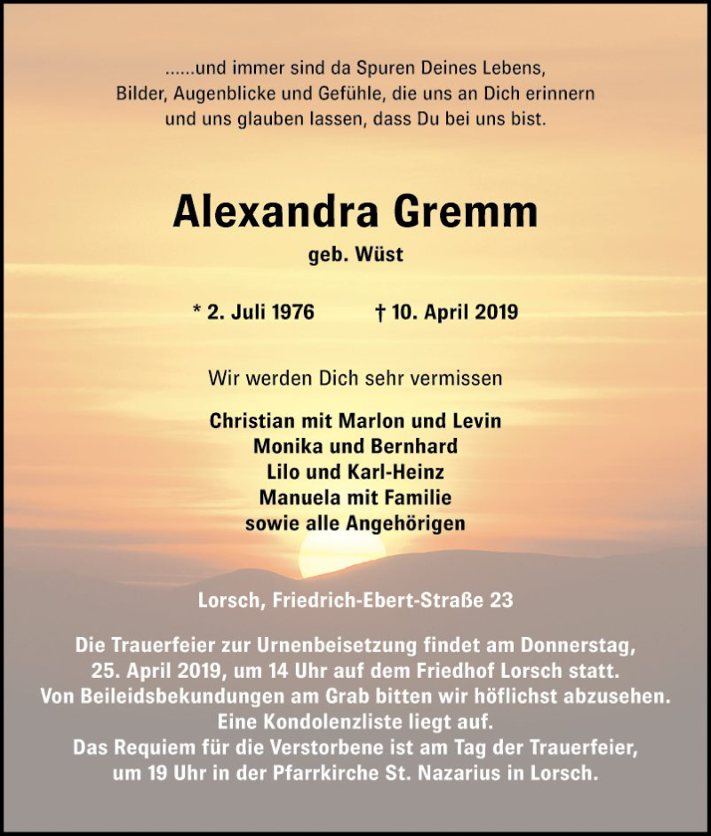  Traueranzeige für Alexandra Gremm vom 23.04.2019 aus Bergsträßer Anzeiger