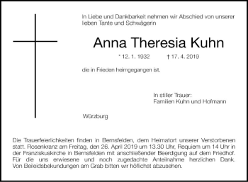 Traueranzeige von Anna Theresia Kuhn von Fränkische Nachrichten