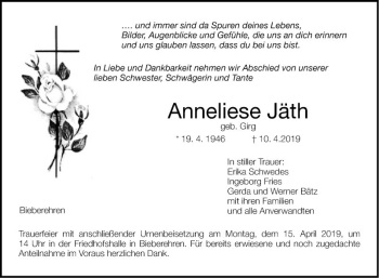 Traueranzeige von Anneliese Jäth von Fränkische Nachrichten