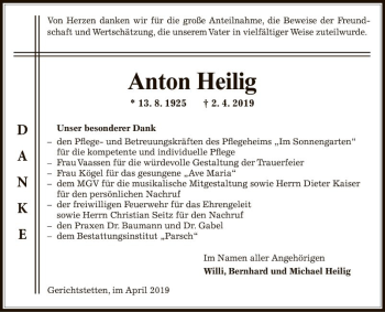 Traueranzeige von Anton Heilig von Fränkische Nachrichten