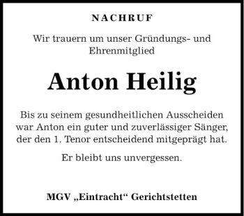 Traueranzeige von Anton Heilig von Fränkische Nachrichten