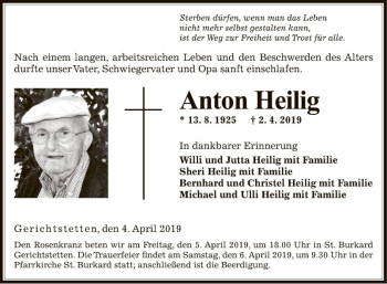 Traueranzeige von Anton Heilig von Fränkische Nachrichten