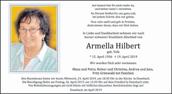 Traueranzeige von Armella Hilbert von Fränkische Nachrichten