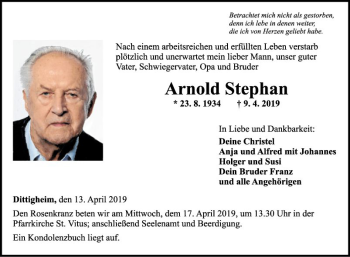 Traueranzeige von Arnold Stephan von Fränkische Nachrichten