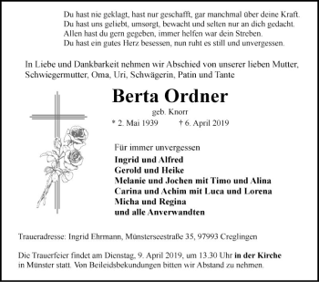 Traueranzeige von Berta Ordner von Fränkische Nachrichten