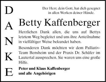 Traueranzeige von Betty Kaffenberger von Bergsträßer Anzeiger