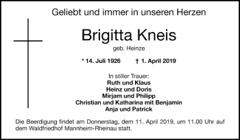 Traueranzeige von Brigitta Kneis von Mannheimer Morgen