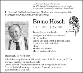 Traueranzeige von Bruno Hösch von Fränkische Nachrichten