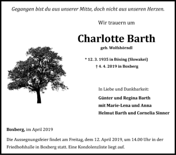 Traueranzeige von Charlotte Barth von Fränkische Nachrichten