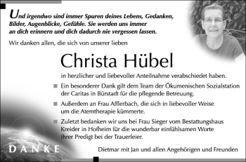 Traueranzeige von Christa Hübel von Mannheimer Morgen