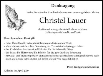 Traueranzeige von Christel Lauer von Fränkische Nachrichten