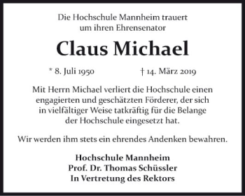 Traueranzeige von Claus Michael von Mannheimer Morgen