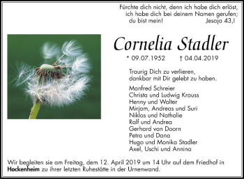 Traueranzeige von Cornelia Stadtler von Schwetzinger Zeitung