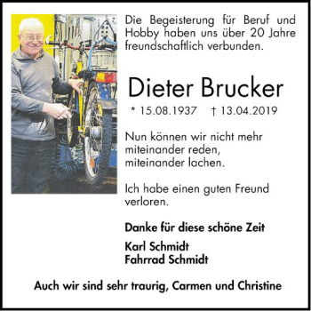 Traueranzeige von Dieter Brucker von Mannheimer Morgen