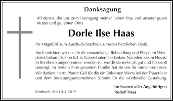 Traueranzeige von Dorle Ilse Haas von Südhessen Morgen