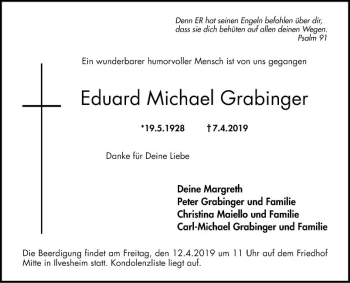 Traueranzeige von Eduard Michael Grabfinger von Mannheimer Morgen