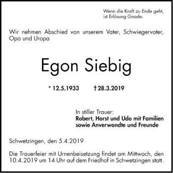 Traueranzeige von Egon Siebig von Schwetzinger Zeitung