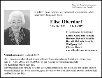 Traueranzeige von Elise Oberdorf von Fränkische Nachrichten