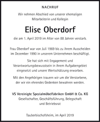 Traueranzeige von Elise Oberdorf von Fränkische Nachrichten